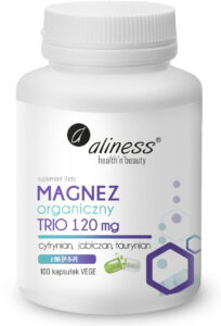 Magnez Organiczny TRIO 120 mg + B6 (P-5-P) Aliness – cytrynian, jabłczan i taurynian magnezu z aktywną witaminą B6, 100 kapsułek VEGE