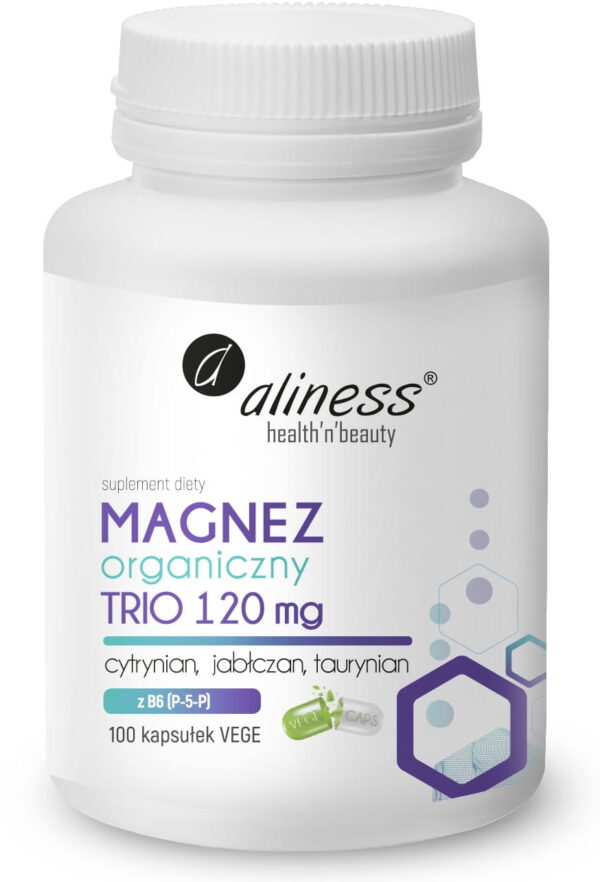 Magnez Organiczny TRIO 120 mg + B6 (P-5-P) Aliness – cytrynian, jabłczan i taurynian magnezu z aktywną witaminą B6, 100 kapsułek VEGE