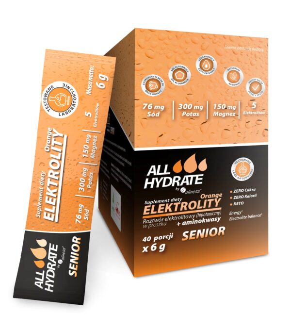 ALLHydrate Elektrolity STICK Senior Orange Aliness – elektrolity dla seniorów w saszetkach, smak pomarańczowy, 40 × 6 g