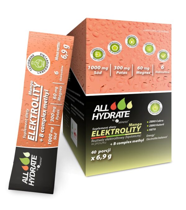 ALLHydrate Elektrolity STICK Mango + B Complex Methyl Aliness – elektrolity i witaminy B w saszetkach, 40 sztuk