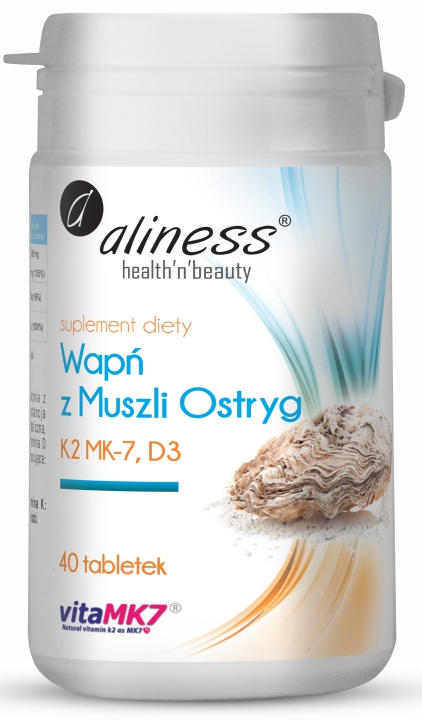 Suplement diety zawierający naturalny, czysty wapń z muszli ostryg, w 100% naturalną witaminę K (MK-7) oraz witaminę D w dawce 1000 j.m.