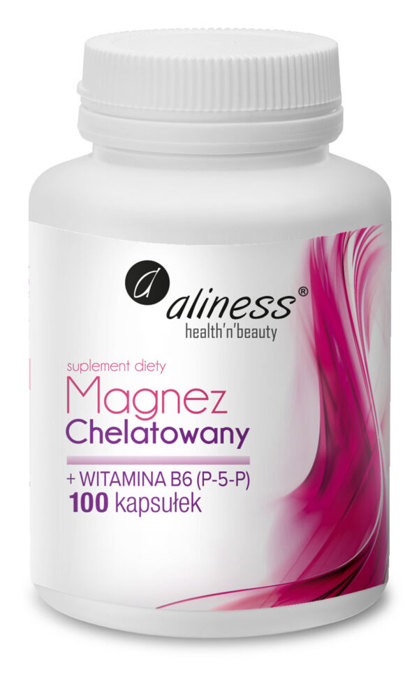 Magnez Chelatowany 650 mg + B6 (P-5-P) Aliness – chelat aminokwasowy magnezu z aktywną witaminą B6, 100 kapsułek VEGE