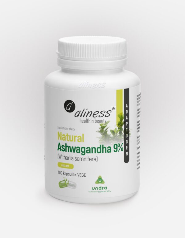 Natural Ashwagandha 9% Aliness – ekstrakt z korzenia Withania somnifera, 100 kapsułek VEGE