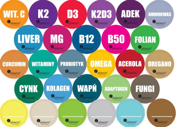 Organizer do suplementów Aliness – zestaw naklejek na butelki