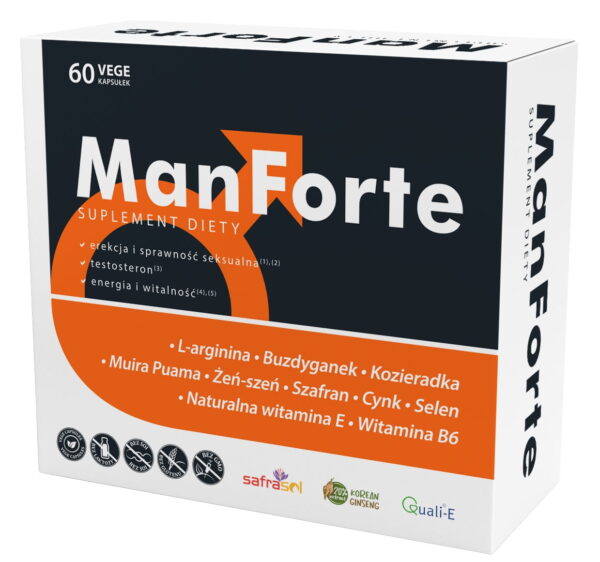 ManForte dla mężczyzn Aliness – kompleksowy suplement diety z L-argininą, żeń-szeniem, kozieradką, buzdygankiem i cynkiem, 60 kapsułek VEGE