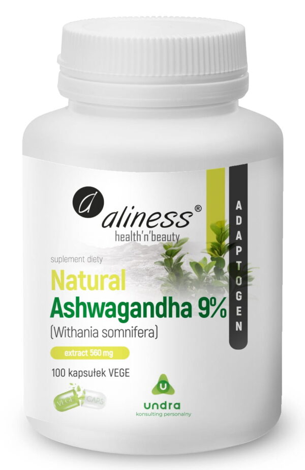 Natural Ashwagandha 9% Aliness – ekstrakt z korzenia Withania somnifera, 100 kapsułek VEGE