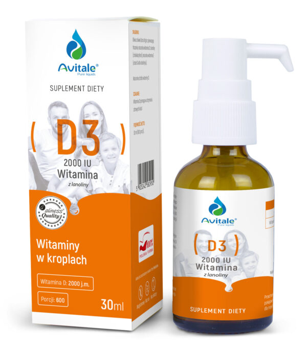 Avitale Witamina D3 2000 IU – naturalna witamina D z lanoliny w oliwie z oliwek, 30 ml (600 porcji)