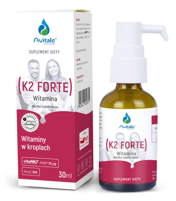 Suplement diety Avitale Witamina K2 25 µg – naturalna witamina K2 MK-7 w postaci VitaMK7 PURE®, rozpuszczona w oliwie z oliwek Extra Virgin. 30 ml = 600 porcji.