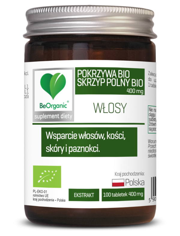 Skrzyp BIO + Pokrzywa BIO 400 mg – ekologiczny suplement diety BeOrganic w tabletkach