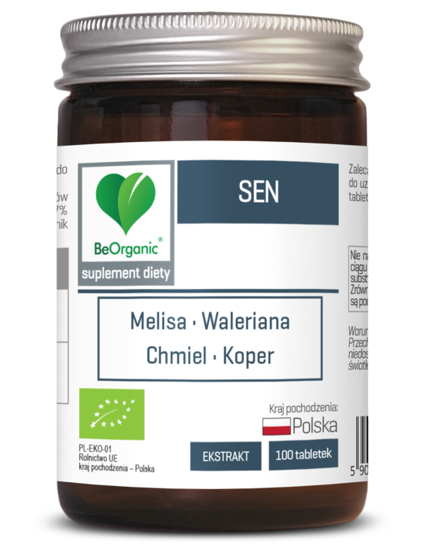Sen BIO 450 mg – ekologiczny suplement diety BeOrganic wspierający zasypianie i zdrowy sen, 100 tabletek