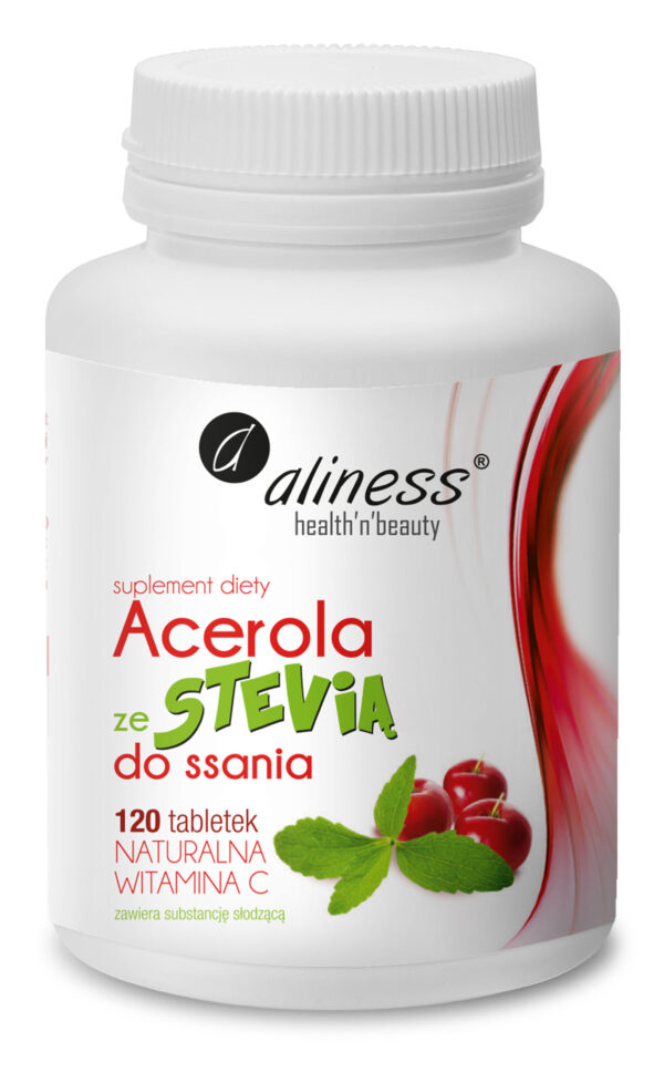 Acerola ze Stevią do ssania Aliness – suplement diety z naturalną witaminą C z owoców aceroli 120 tabletek w opakowaniu.