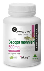 Bacopa monnieri Aliness – bakopa drobnolistna ekstrakt 50%, 500 mg, 100 kapsułek VEGE, suplement diety.