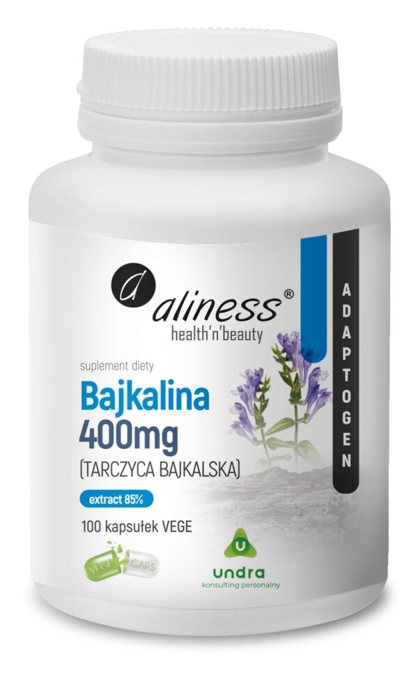 Bajkalina Aliness – Tarczyca bajkalska (Scutellaria baicalensis) ekstrakt 85% 400 mg, suplement diety, 100 kapsułek VEGE