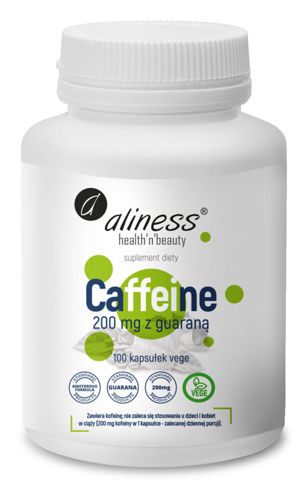 Caffeine 200 mg + Guarana Aliness – naturalne źródło energii, 100 kapsułek VEGE