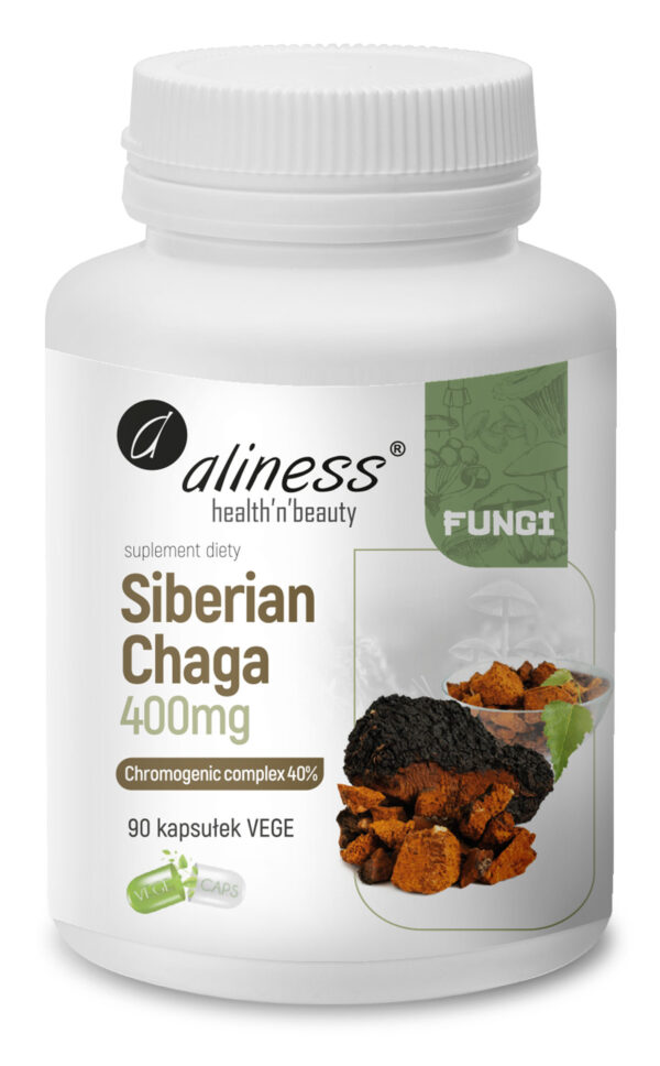 Siberian Chaga 400 mg Aliness – ekstrakt z błyskoporka podkorowego 40% kompleksu chromogenicznego, 90 kapsułek VEGE