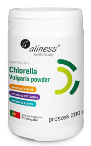 Chlorella Vulgaris powder Aliness – naturalne źródło białka, żelaza, cynku i witamin, 200 g