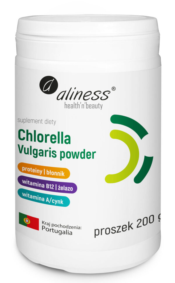 Chlorella Vulgaris powder Aliness – naturalne źródło białka, żelaza, cynku i witamin, 200 g