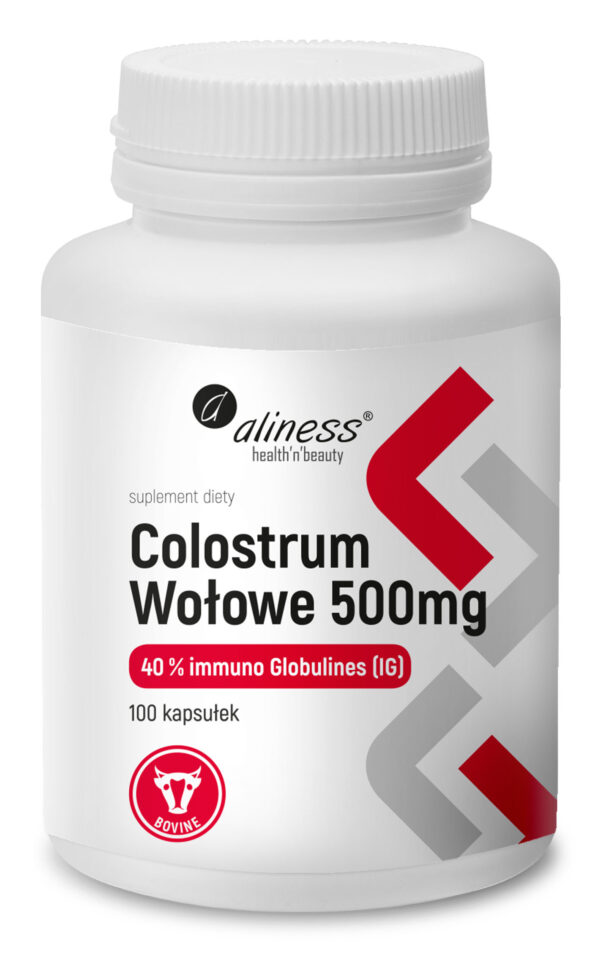 Colostrum Wołowe 40% Aliness – siara bydlęca standaryzowana na 40% immunoglobulin w suchej masie, 100 kapsułek VEGE