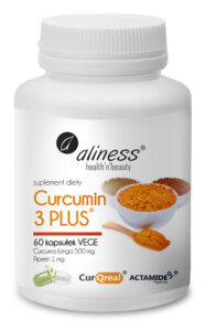 Aliness Curcumin 3 PLUS – naturalne kurkuminoidy z kurkumy i piperyna Actamide, 60 kapsułek VEGE.