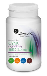 Cynk Organiczny Trio 15 mg Aliness – cytrynian, glukonian i pikolinian cynku, 100 tabletek VEGE.