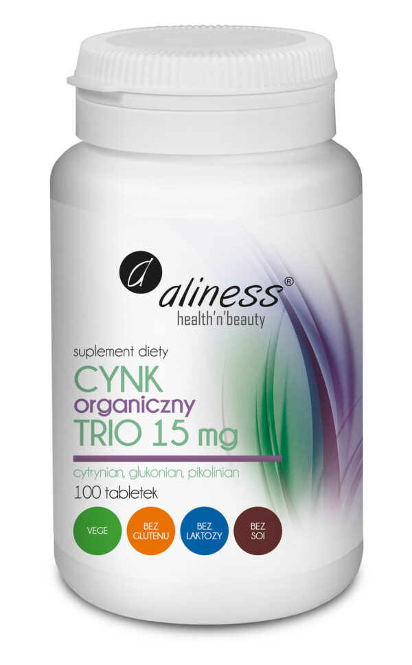 Cynk Organiczny Trio 15 mg Aliness – cytrynian, glukonian i pikolinian cynku, 100 tabletek VEGE.