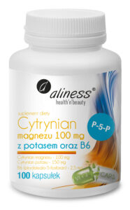 Cytrynian Magnezu 100 mg Aliness z potasem 150 mg oraz B6 (P-5-P) – 100 kapsułek VEGE.