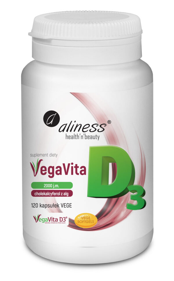 Naturalna Witamina D3 VEGAN z ALG 2000 j.m. Aliness – VegaVitaD3® z alg, 120 kapsułek VEGE