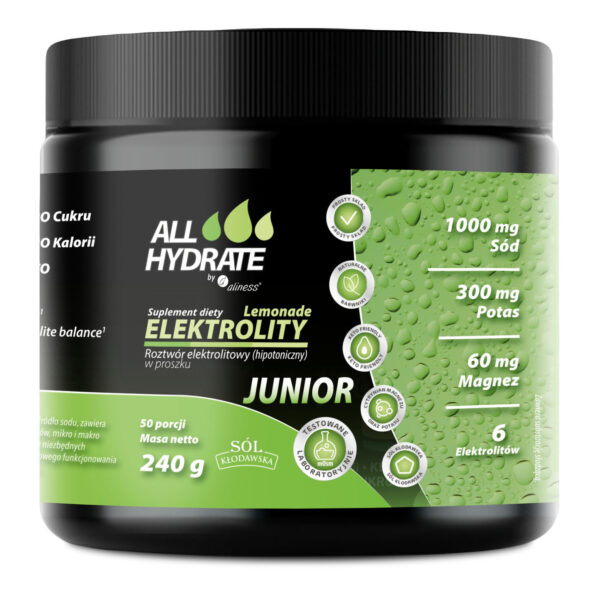 AllHydrate Elektrolity JUNIOR Lemonade Aliness – elektrolity dla dzieci i młodzieży o smaku lemoniady, 240 g (50 porcji)