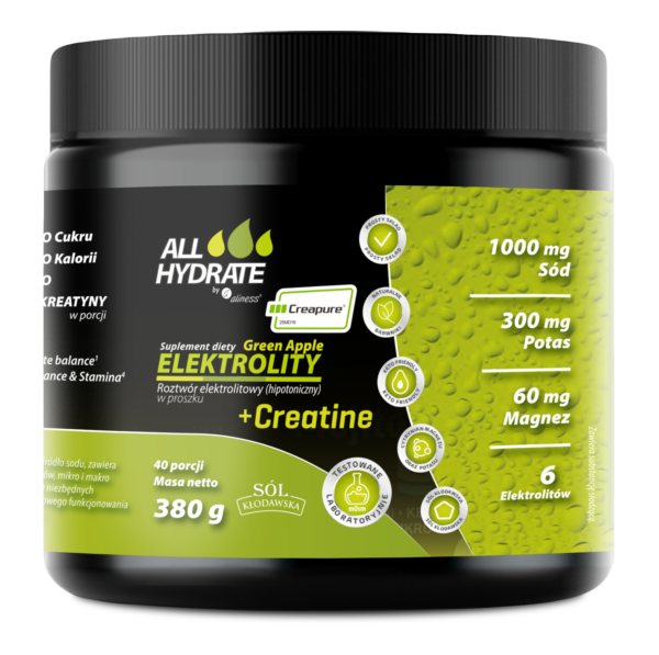 AllHydrate Elektrolity + Creatine (Creapure®) Green Apple Aliness – elektrolity i kreatyna w proszku, 380 g (40 porcji)