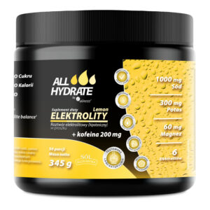 AllHydrate Elektrolity Lemon + Kofeina 200 mg Aliness – elektrolity z kofeiną w proszku, smak cytrynowy, 345 g (50 porcji)