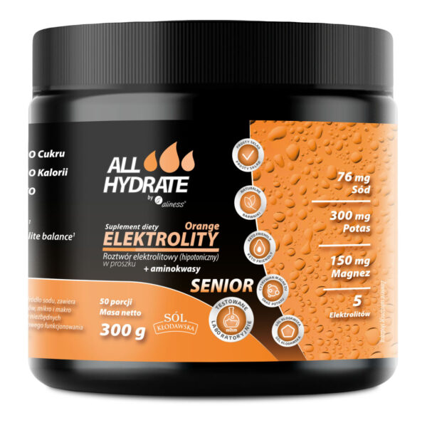 AllHydrate Elektrolity Senior + Aminokwasy Aliness – elektrolity dla seniorów w proszku o smaku pomarańczowym, 300 g (50 porcji)