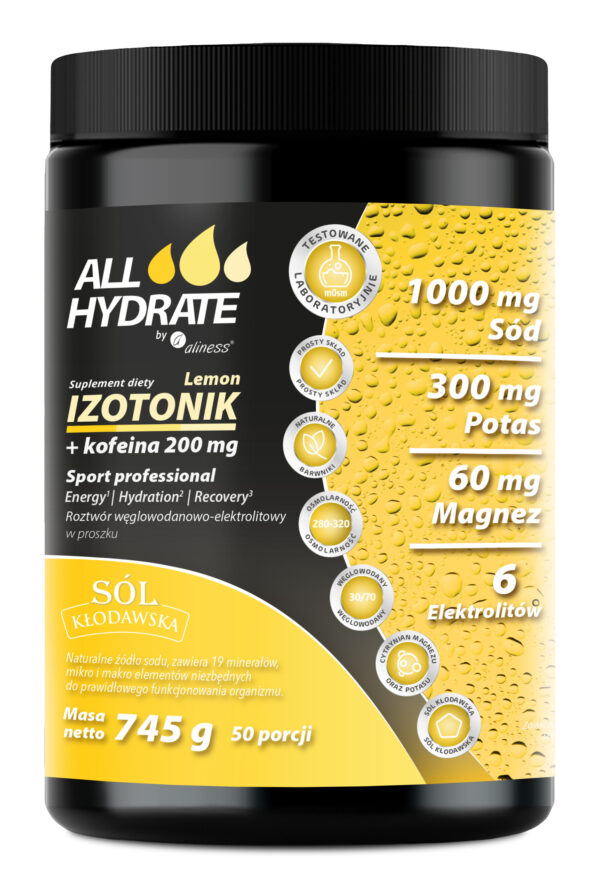 ALLHydrate Izotonik Lemon + Kofeina 200 mg Aliness – napój izotoniczny w proszku z kofeiną, 745 g, 50 porcji