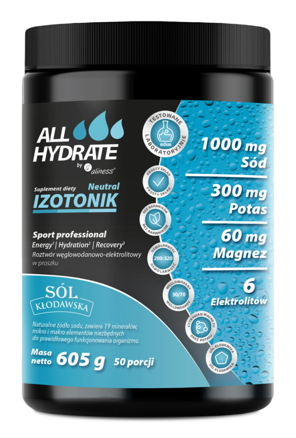 ALLHydrate Izotonik Neutral Aliness – napój izotoniczny w proszku, neutralny smak, 605 g, 50 porcji