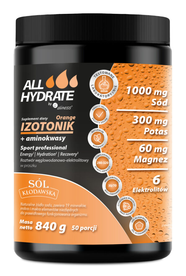 ALLHydrate Izotonik Orange + Aminokwasy Aliness – napój izotoniczny w proszku z aminokwasami, smak pomarańczowy, 840 g, 50 porcji
