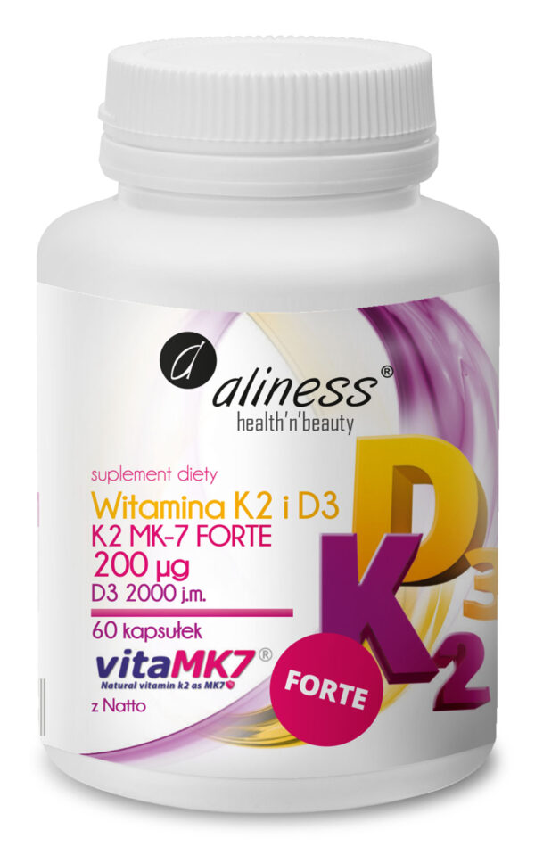 Naturalna Witamina K FORTE MK-7 200 µg z Natto + D3 Aliness – 60 kapNaturalna Witamina K FORTE MK-7 200 µg z Natto + D3 Aliness – 60 kapsułek, suplement diety sułek, suplement diety