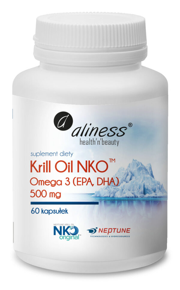 Krill Oil NKO Omega 3 z Astaksantyną Aliness – suplement diety z olejem z kryla antarktycznego, źródło kwasów EPA i DHA, 500 mg, 60 kapsułek.