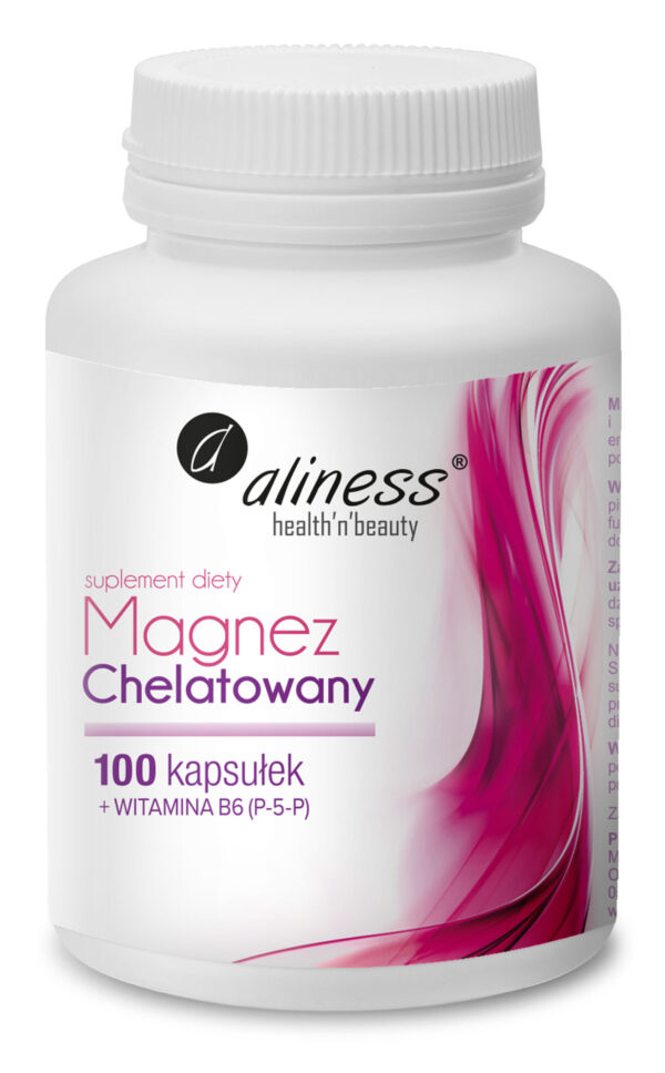 Magnez Chelatowany 720 mg + B6 (P-5-P) Aliness – chelat aminokwasowy magnezu z aktywną witaminą B6, 100 kapsułek VEGE
