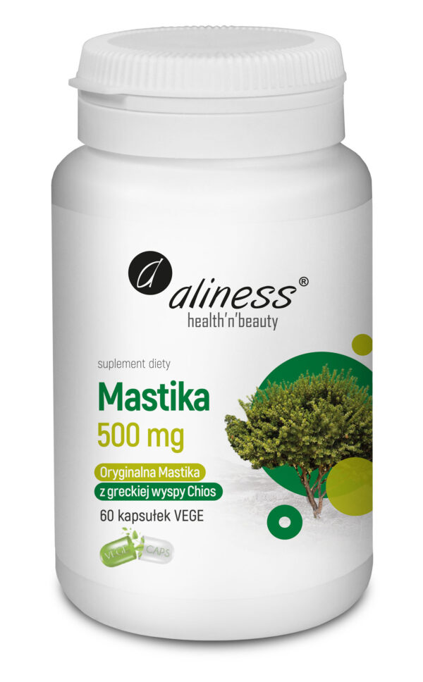 Mastika Aliness 500 mg – sproszkowana żywica Pistacia lentiscus z greckiej wyspy Chios, 60 kapsułek VEGE