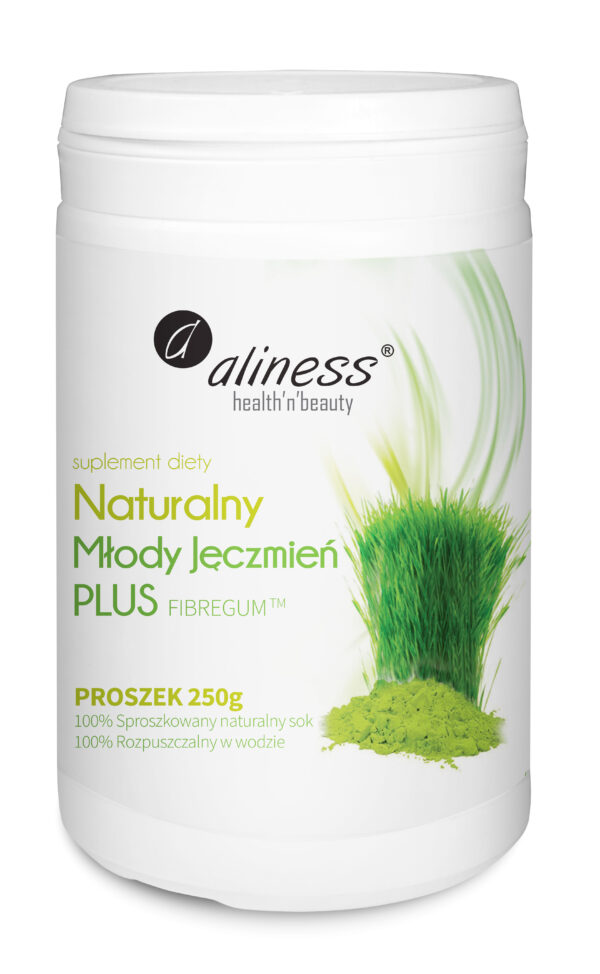 Naturalny Młody Jęczmień PLUS Aliness – sproszkowany sok z pędów jęczmienia z błonnikiem FIBREGUM™, proszek 250 g