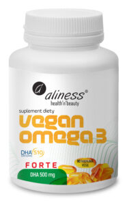 Vegan Omega 3 FORTE DHA 500 mg Aliness – wegański olej z mikroalg Schizochytrium sp. DHA Origins®