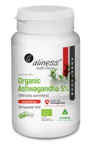 Organic Ashwagandha 200 mg Aliness – naturalny ekstrakt KSM-66 z korzenia Withania somnifera, standaryzowany na 5% witanolidów
