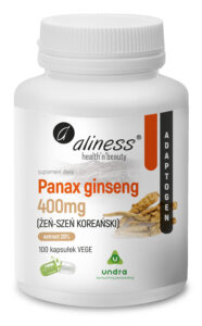 Żeń-szeń koreański Panax Ginseng 400 mg Aliness – ekstrakt 20% ginsenozydów, 100 kapsułek VEGE.
