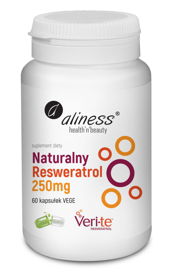 Naturalny Resweratrol 250 mg Aliness – trans-resweratrol Veri-te™ z fermentacji drożdży Saccharomyces cerevisiae, 60 kapsułek VEGE