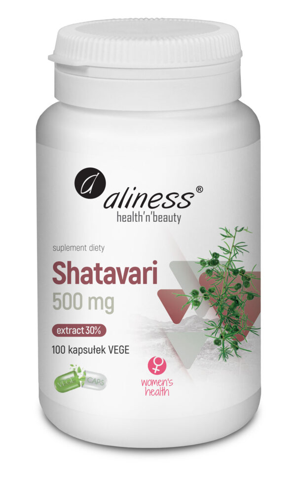 Shatavari ekstrakt 30% 500 mg Aliness – standaryzowany ekstrakt z korzenia Asparagus racemosus, 100 kapsułek VEGE