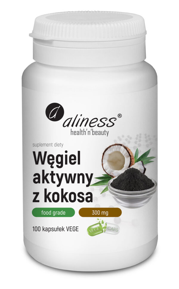 Węgiel aktywny z kokosa Aliness Food Grade 300 mg – 100 kapsułek VEGE