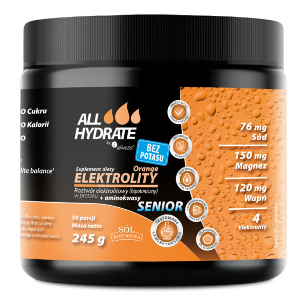AllHydrate Elektrolity Senior BEZ POTASU Orange Aliness – elektrolity dla seniorów z aminokwasami, 245 g (50 porcji)